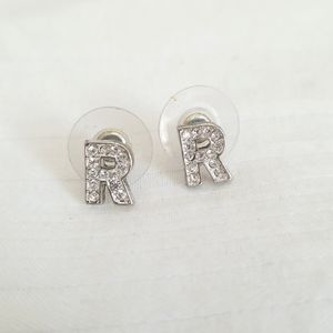 Silver Rhinestone Initial R Earrings